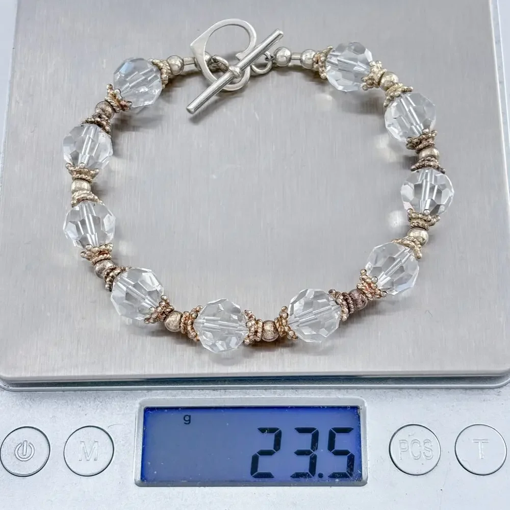 Vintage Sterling Silver 925 Clear Glass Bead Bracelet 7.5